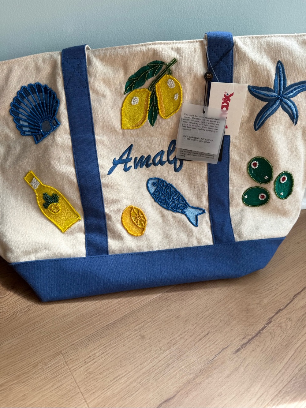 VIRAL America & Beyond Canvas Amalfi Embroidered Tote with Blue Trim